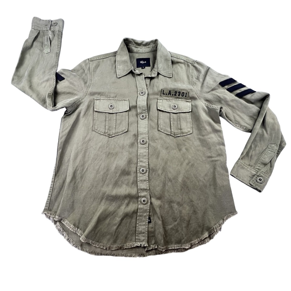 Rails Loren Military‎ Satin Shirt Jacket Olive Black Patches Women's M Lyocell